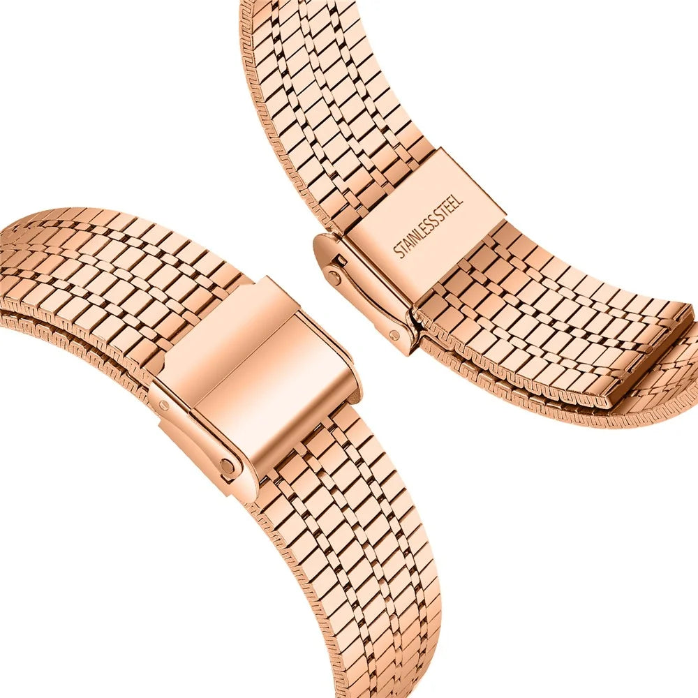 For Fitbit Versa 4 / Sense 2 Stainless Steel 7-Beads Watch Band Dual Buckle Replacement Wrist Strap - Rose Gold - 3