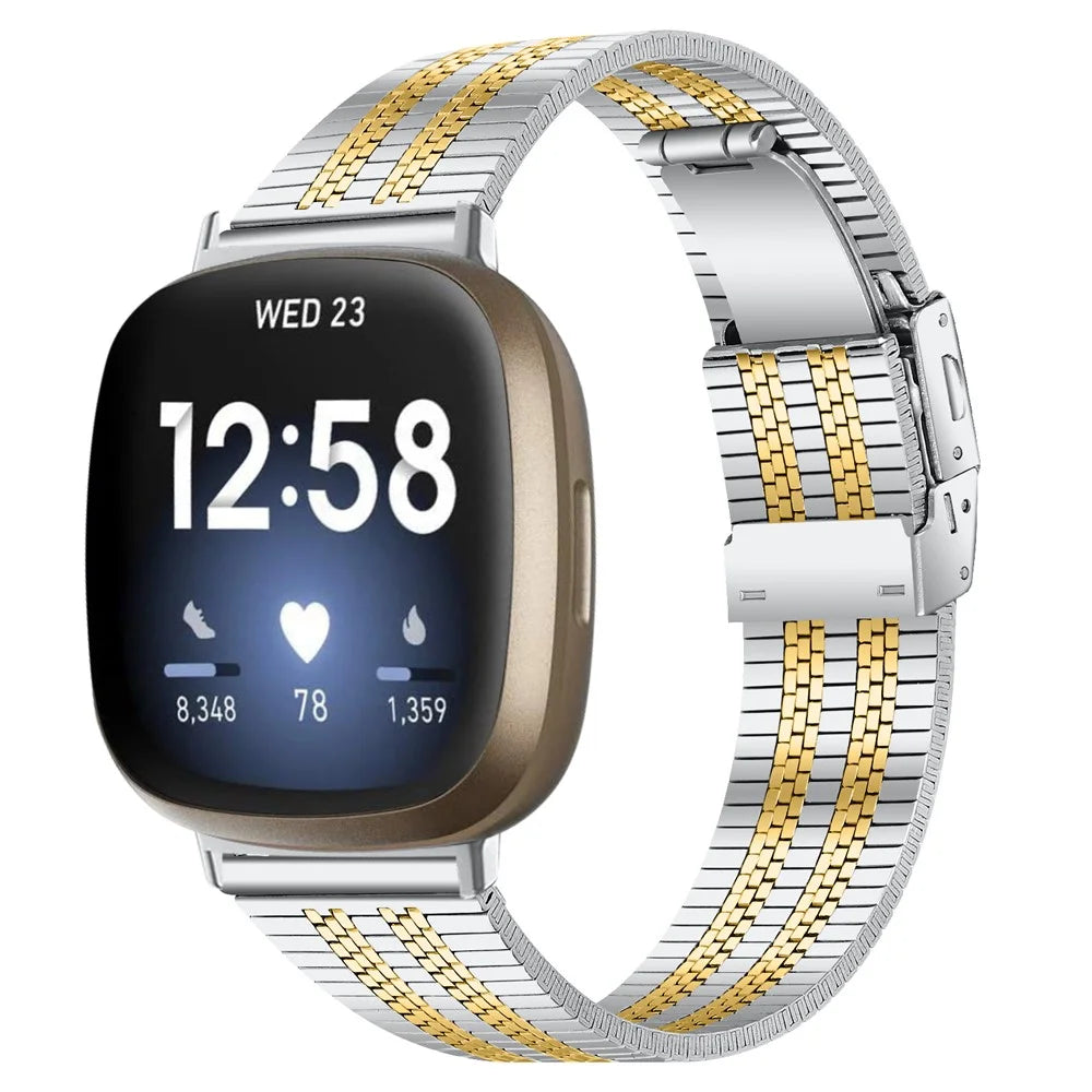 For Fitbit Versa 4 / Sense 2 Stylish 5 Beads Stainless Steel Watch Band Replacement Wrist Strap - Silver / Gold - 2