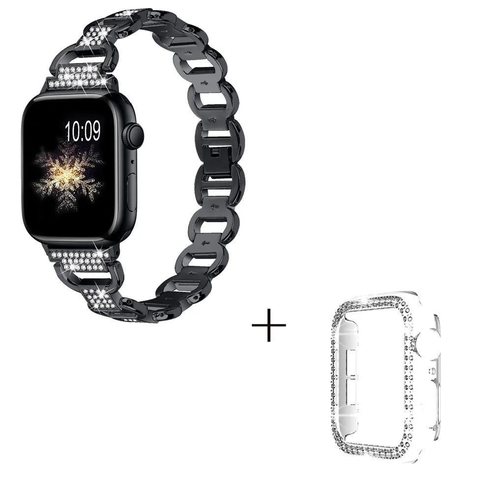 For Apple Watch Series 7 / 8 41mm Replacement Strap Rhinestones Decor Oval Alloy Band + Clear PC Watch Case - Black - 2
