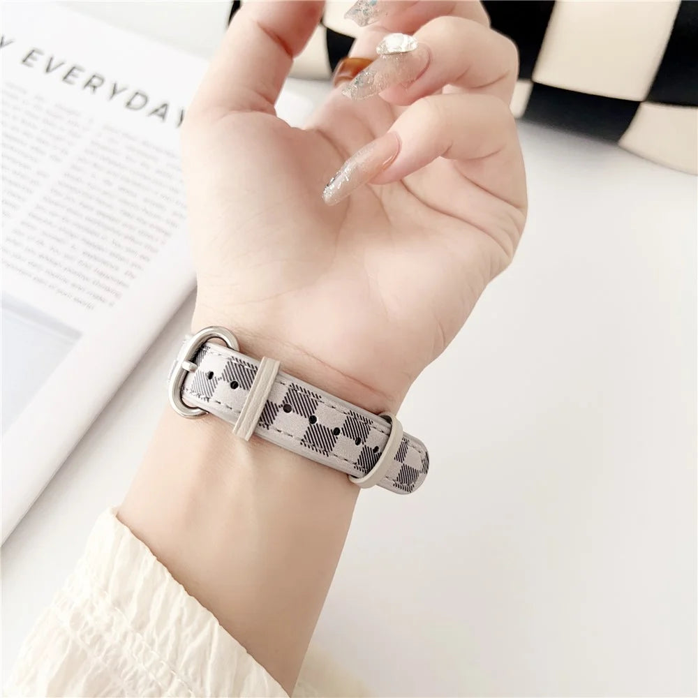 Replacement Watch Band for Xiaomi Smart Band 9 NFC / 9 / 8 NFC / 8 Genuine Cow Leather Grids Pattern Watch Strap - White - 4