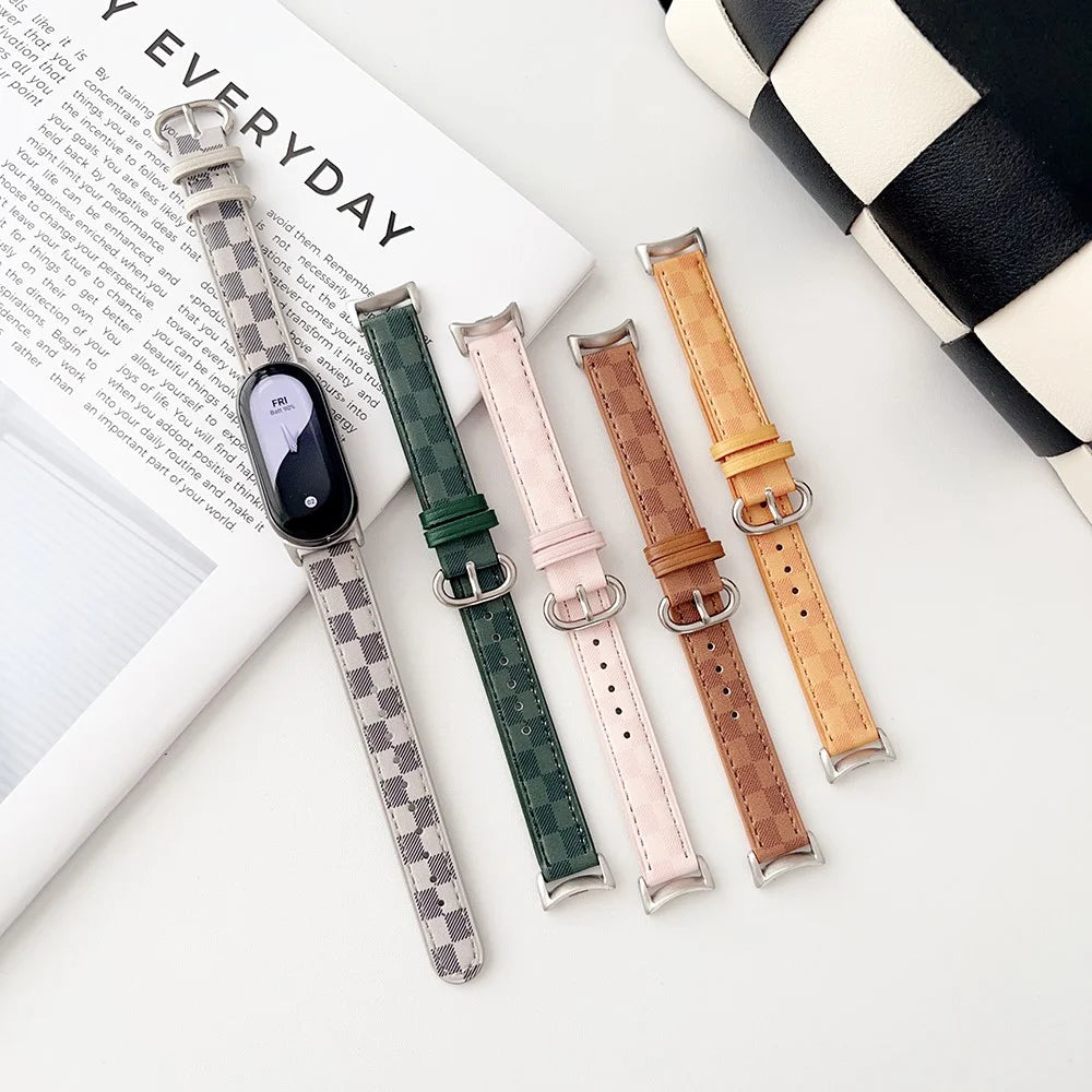 Replacement Watch Band for Xiaomi Smart Band 9 NFC / 9 / 8 NFC / 8 Genuine Cow Leather Grids Pattern Watch Strap - White - 6