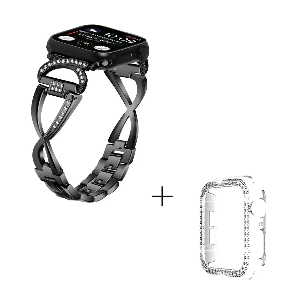 For Apple Watch Series 1 / 2 / 3 42mm X-shape Rhinestones Decor Alloy Watch Strap + Clear PC Watch Case - Black - 2