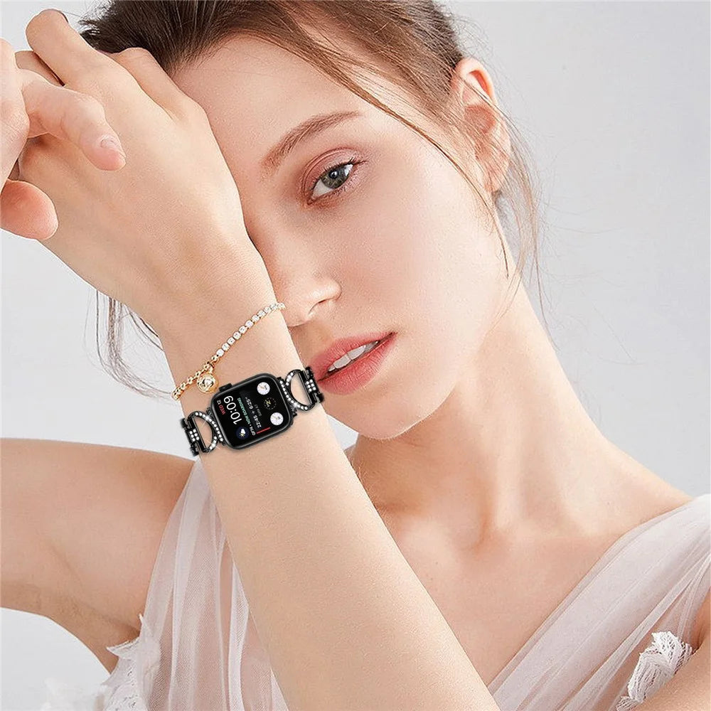 For Apple Watch Series 1 / 2 / 3 42mm X-shape Rhinestones Decor Alloy Watch Strap + Clear PC Watch Case - Black - 6