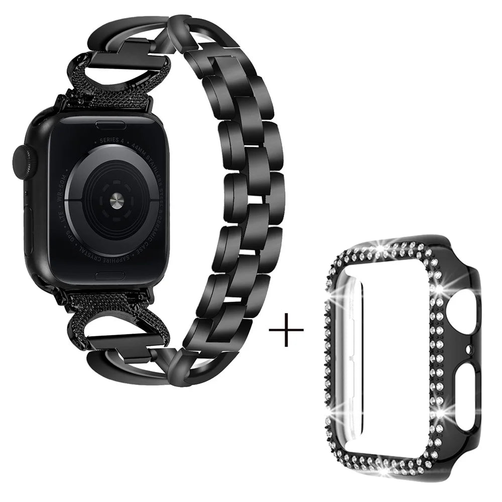 For Apple Watch Ultra 49mm Rhinestones Wrist Band X-shape Alloy Strap + PC Anti-drop Watch Case - Black - 1