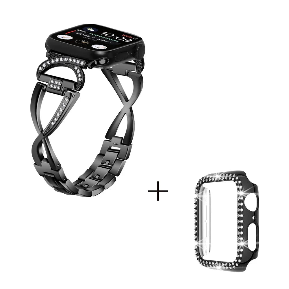 For Apple Watch Ultra 49mm Rhinestones Wrist Band X-shape Alloy Strap + PC Anti-drop Watch Case - Black - 2