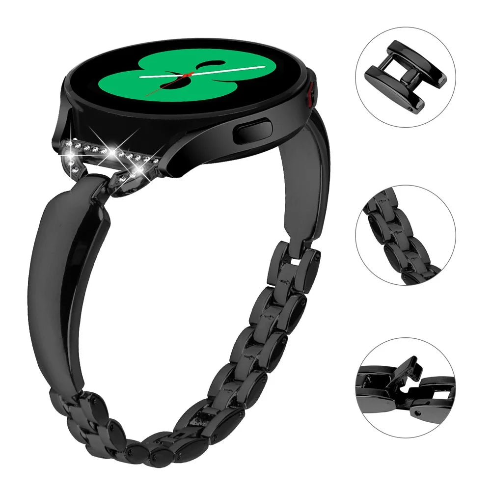 20mm Watch Band for Samsung Galaxy Watch 6 40mm 44mm , D-shaped Rhinestone Decor Copper Bracelet - Black - 4