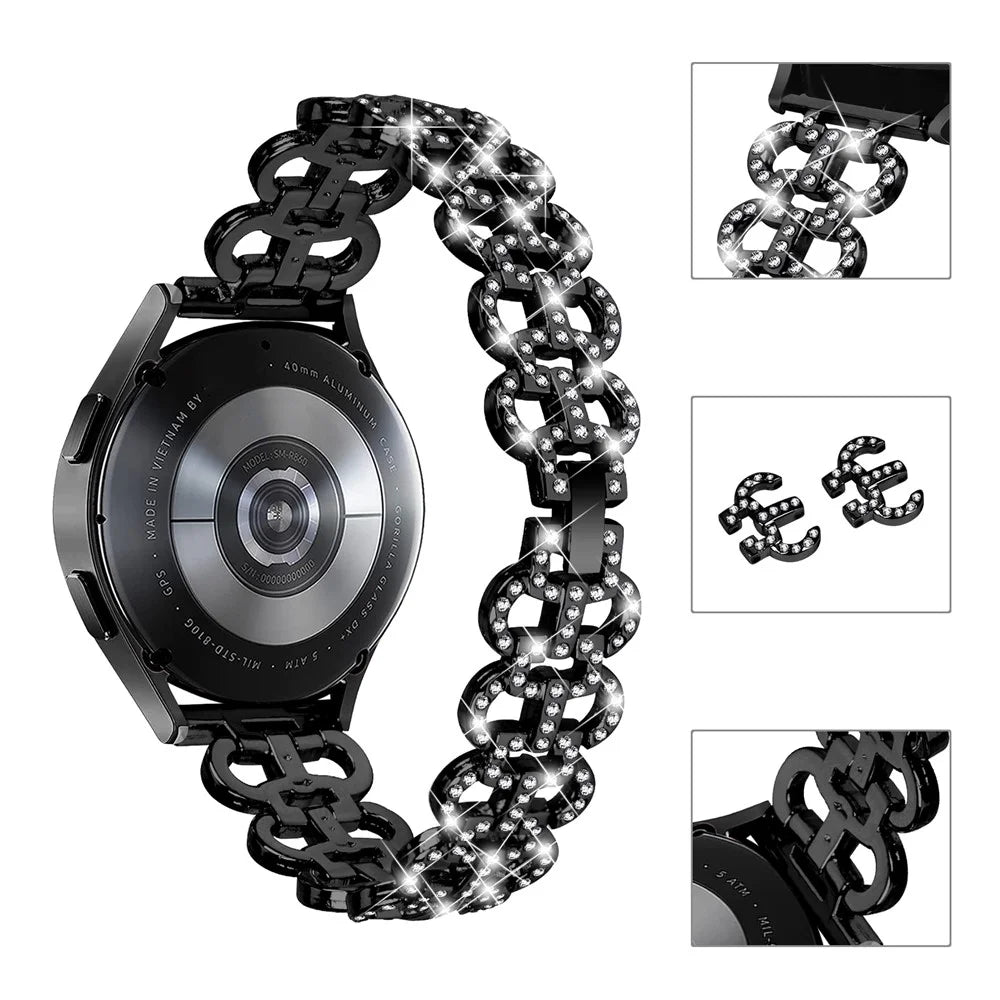 For Samsung Galaxy Watch Active / Active2 44 / 40mm Metal Watch Band 20mm Light Luxury Rhinestone Watch Strap - Black - 4