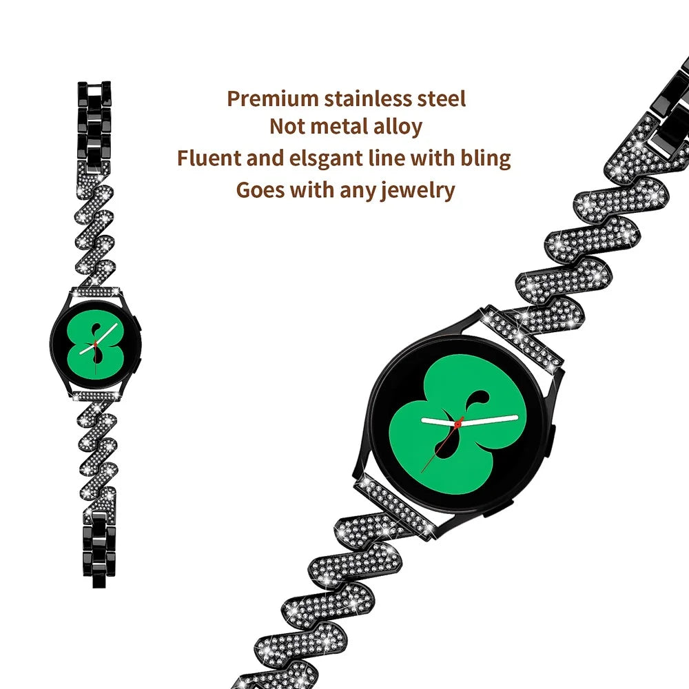 For Samsung Galaxy Watch6 40 / 44mm / Watch6 Classic 43 / 47mm Metal Watch Band 20mm Rhinestone Replacement Watch Strap - Black - 4