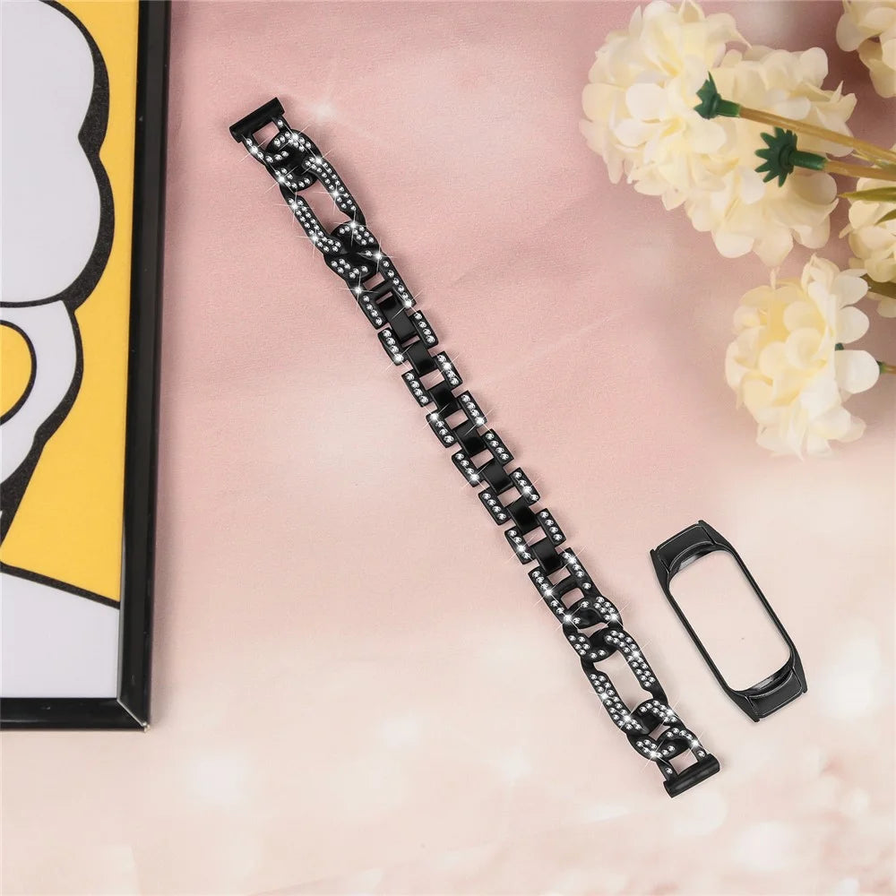 Watch Band for Xiaomi Mi Band 5 / 6 , Rhinestone Decor Alloy Metal Bracelet with Watch Case - Black - 6