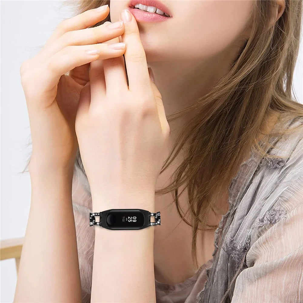 Watch Band for Xiaomi Mi Band 5 / 6 , Rhinestone Decor Alloy Metal Bracelet with Watch Case - Black - 7