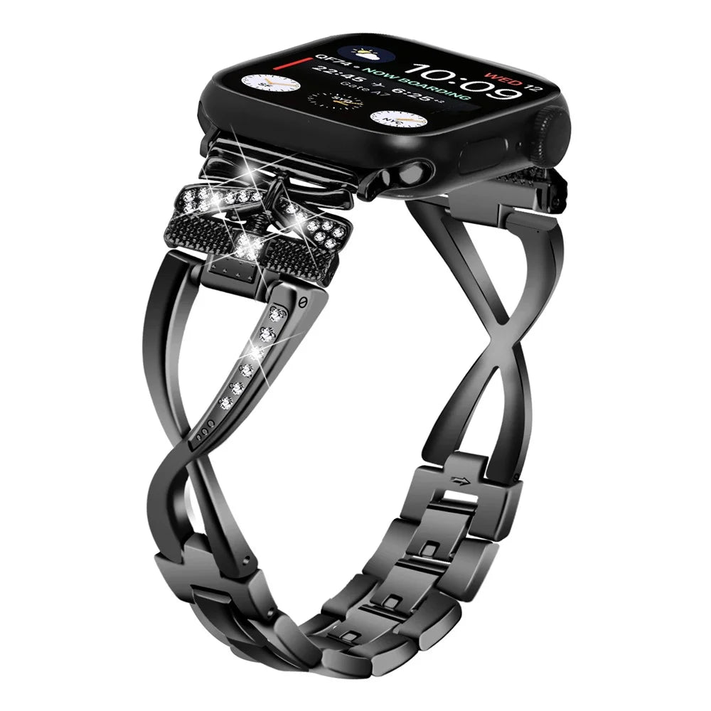 Watch Strap for Apple Watch Series 11 10 42mm / 9 8 7 41mm / SE3 SE2 SE 6 5 4 40mm / 3 2 1 38mm Rhinestones Decor Crown X-Shape Watch Strap Zinc Alloy Replace Band - Black - 2
