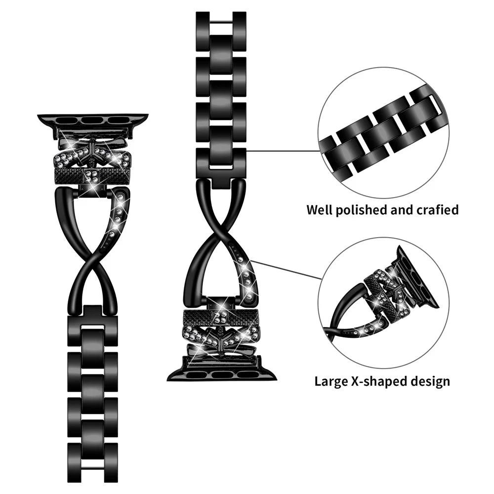 Watch Strap for Apple Watch Series 11 10 42mm / 9 8 7 41mm / SE3 SE2 SE 6 5 4 40mm / 3 2 1 38mm Rhinestones Decor Crown X-Shape Watch Strap Zinc Alloy Replace Band - Black - 4