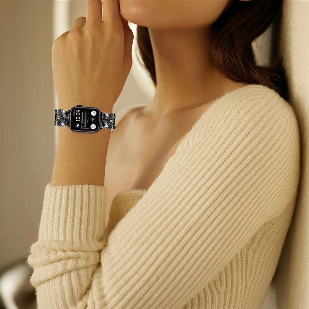 Watch Strap for Apple Watch Series 11 10 42mm / 9 8 7 41mm / SE3 SE2 SE 6 5 4 40mm / 3 2 1 38mm Rhinestones Decor Crown X-Shape Watch Strap Zinc Alloy Replace Band - Black - 7