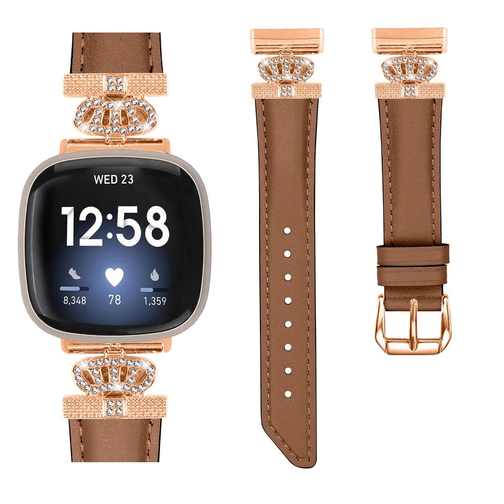 For Fitbit Versa 3 / Versa 4 / Sense / Sense 2 Rose Gold Buckle Watch Band Crown Rhinestone Wrist Strap - Brown - 2