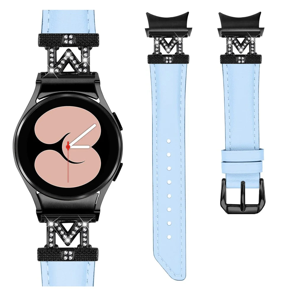 Watch Band for Samsung Galaxy Watch 5 / Watch4 44mm 40mm Rhinestone M-shape Connector Genuine Cow Leather Strap with Black Buckle - Blue - 2