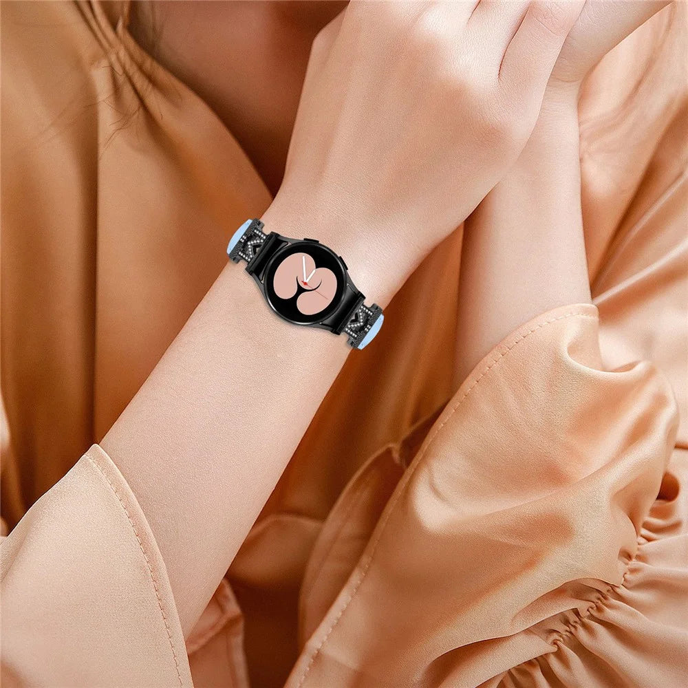 Watch Band for Samsung Galaxy Watch 5 / Watch4 44mm 40mm Rhinestone M-shape Connector Genuine Cow Leather Strap with Black Buckle - Blue - 5