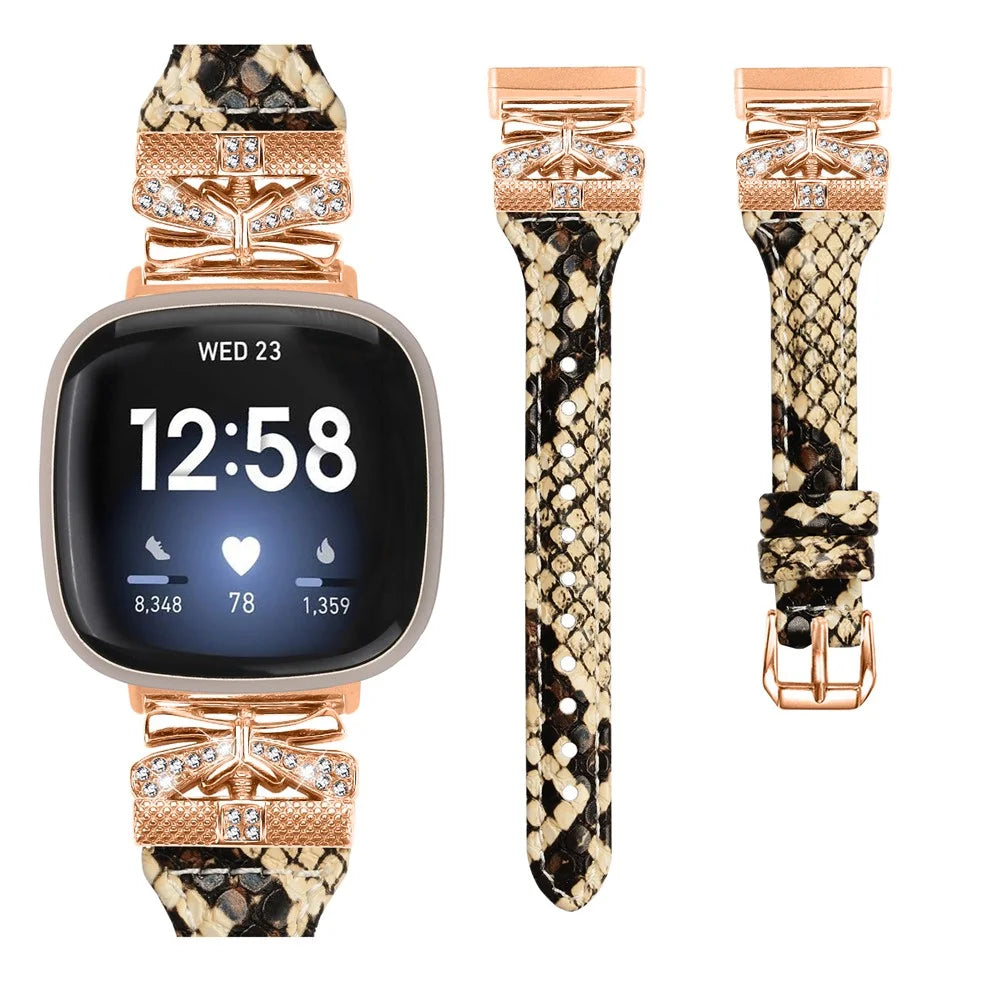 Rose Gold Buckle Band for Fitbit Versa 3 / 4 / Sense / Sense 2 Genuine Cowhide Leather Watch Strap - Snake Texture - 2