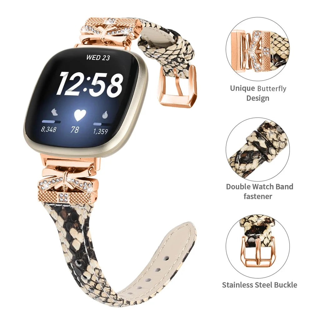 Rose Gold Buckle Band for Fitbit Versa 3 / 4 / Sense / Sense 2 Genuine Cowhide Leather Watch Strap - Snake Texture - 3