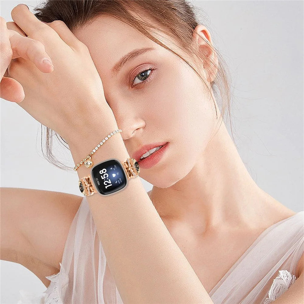 Rose Gold Buckle Band for Fitbit Versa 3 / 4 / Sense / Sense 2 Genuine Cowhide Leather Watch Strap - Snake Texture - 6