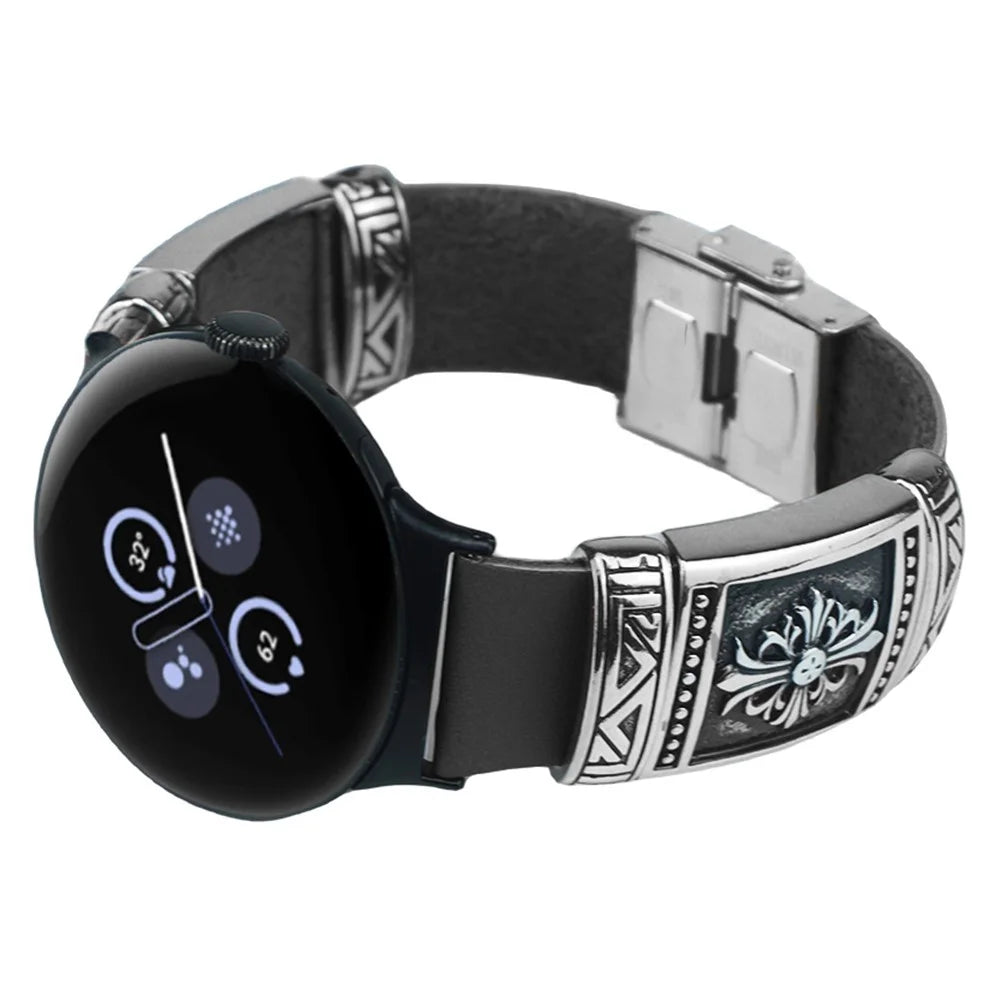 For Google Pixel Watch 4 41mm / Watch 3 41mm / Watch 2 / Watch Replacement Strap Ethnic Embossed Bracelets Watch Band - Black - 4
