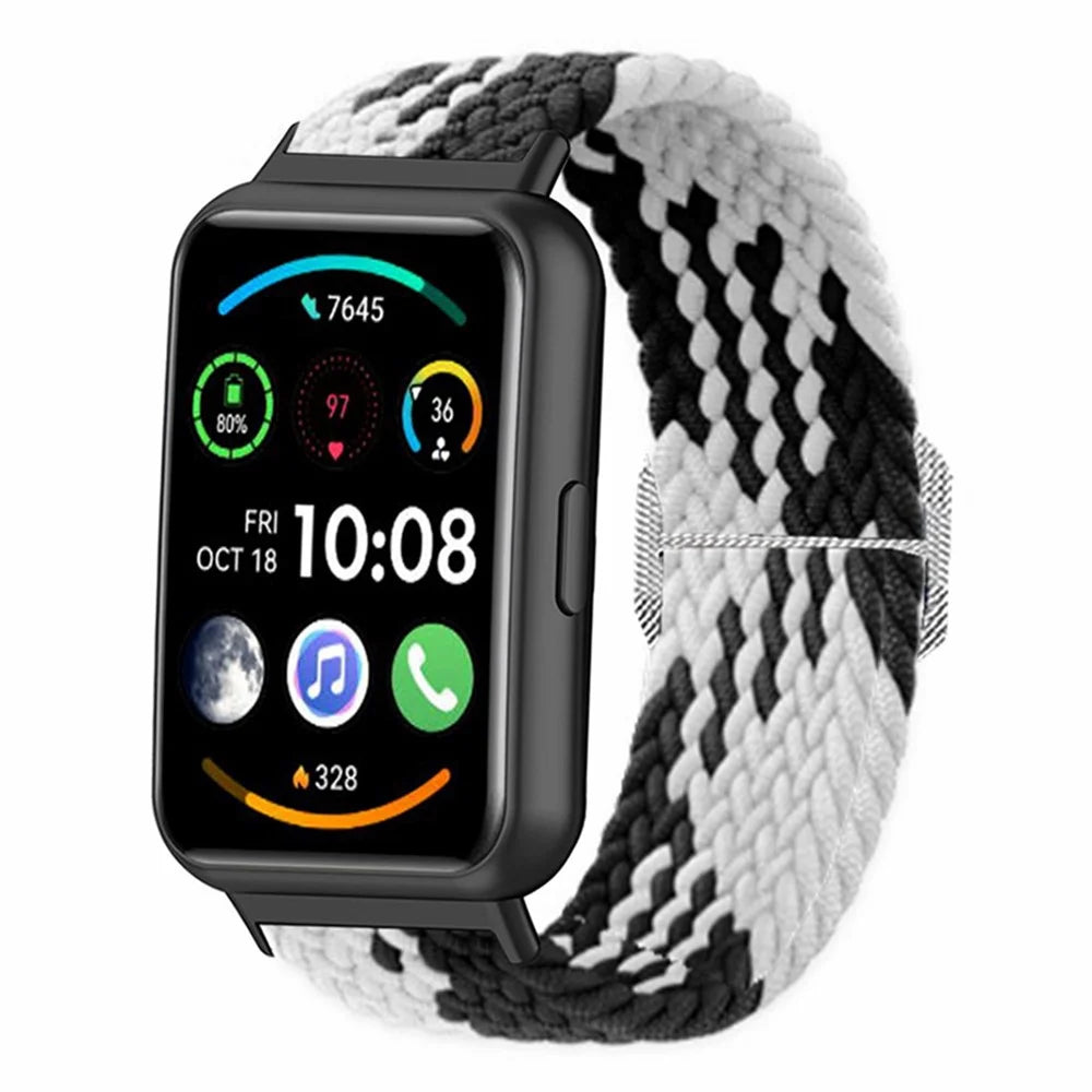 For Huawei Watch Fit 2 Adjustable Watch Strap Braided Elastic Wristband - Black White - 4