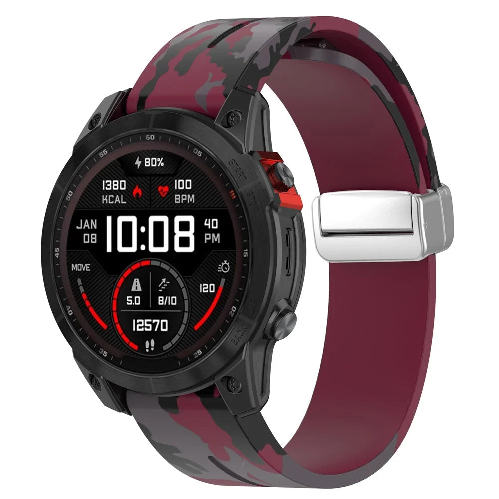 For Garmin Tactix 7 Pro / Fenix 7X / 6X / 6X Pro / 5X Plus Silicone Watch Band 26mm Silver Buckle Wrist Strap - Camo Wine Red - 3