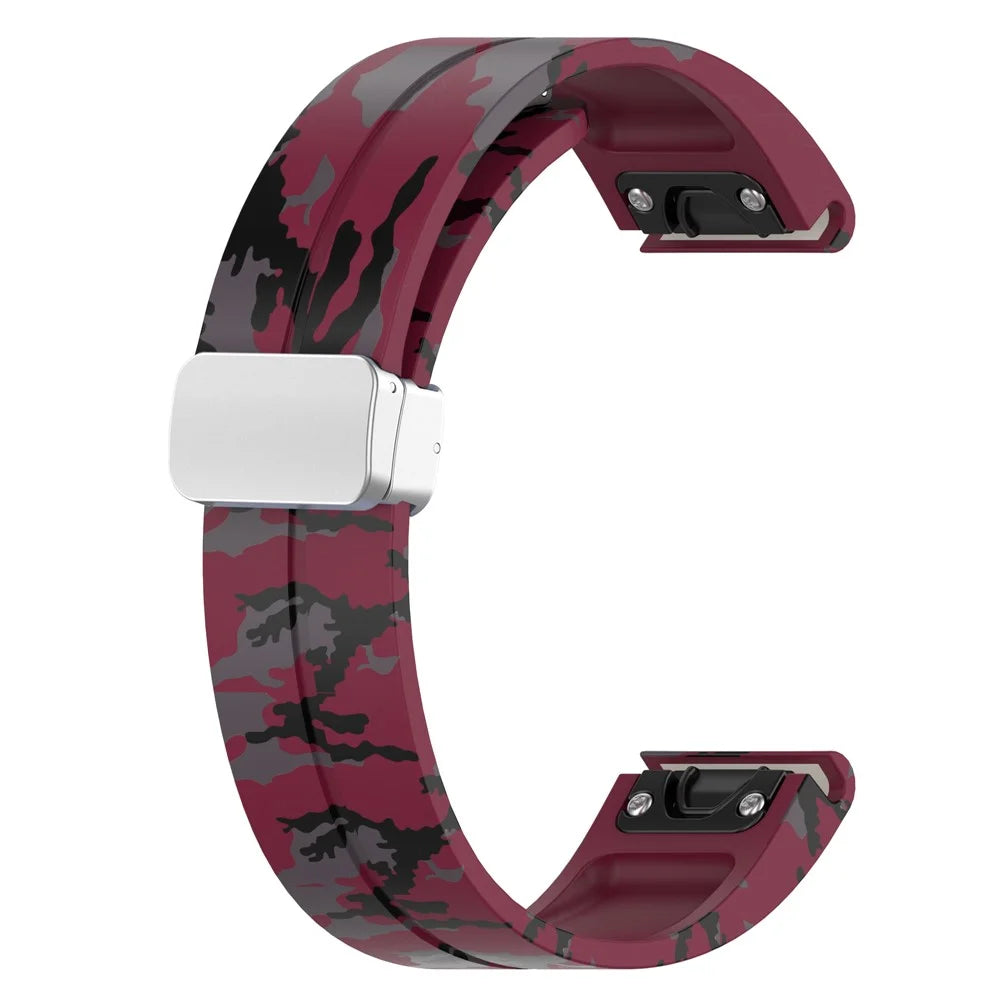 For Garmin Tactix 7 Pro / Fenix 7X / 6X / 6X Pro / 5X Plus Silicone Watch Band 26mm Silver Buckle Wrist Strap - Camo Wine Red - 4