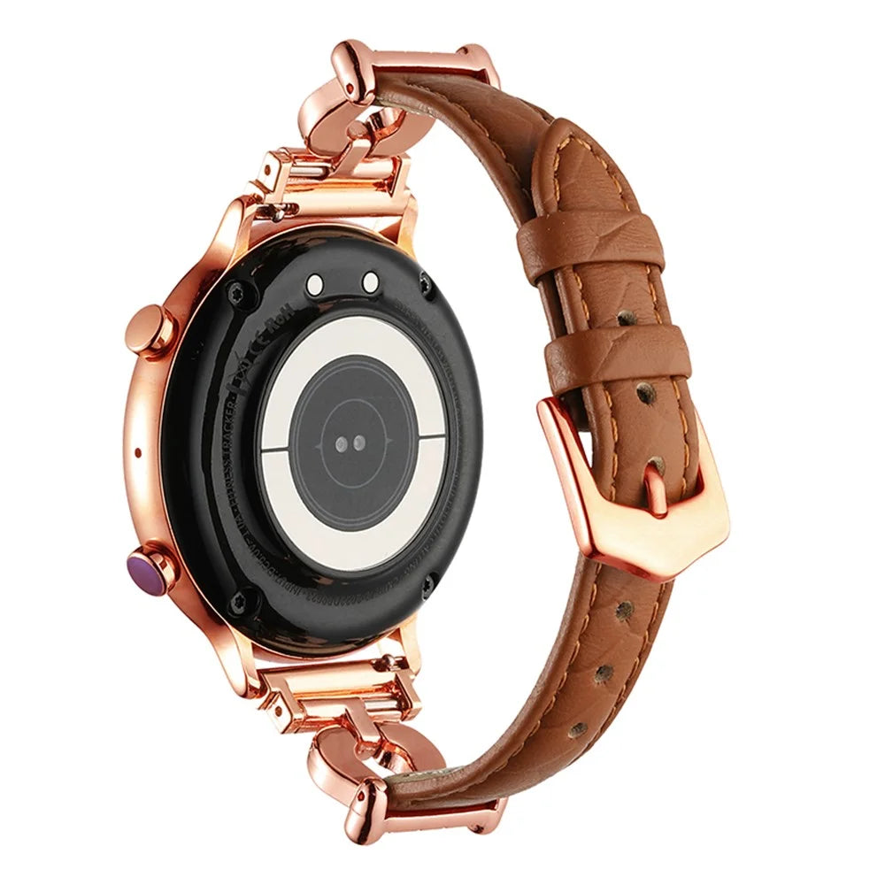 For Samsung Galaxy Watch6 Classic 47mm 43mm / GarminActive 5 Watch Strap 20mm U-shape Cowhide Leather Band - Light Brown / Rose Gold Buckle - 3