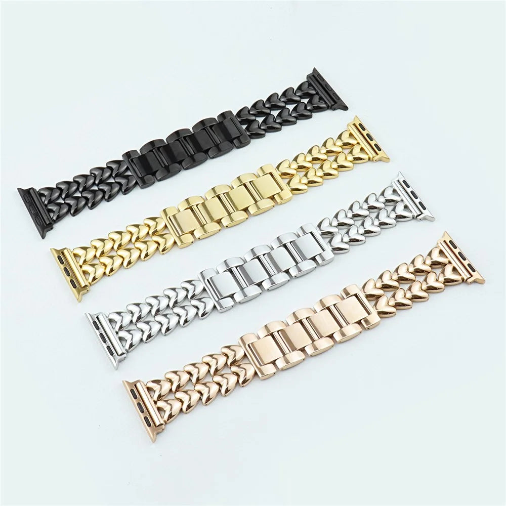Watch Band for Apple Watch Series 11 10 42mm / 9 8 7 41mm / SE3 SE2 SE 6 5 4 40mm / 3 2 1 38mm Double-Row Heart Watch Band Bracelet - Black - 5