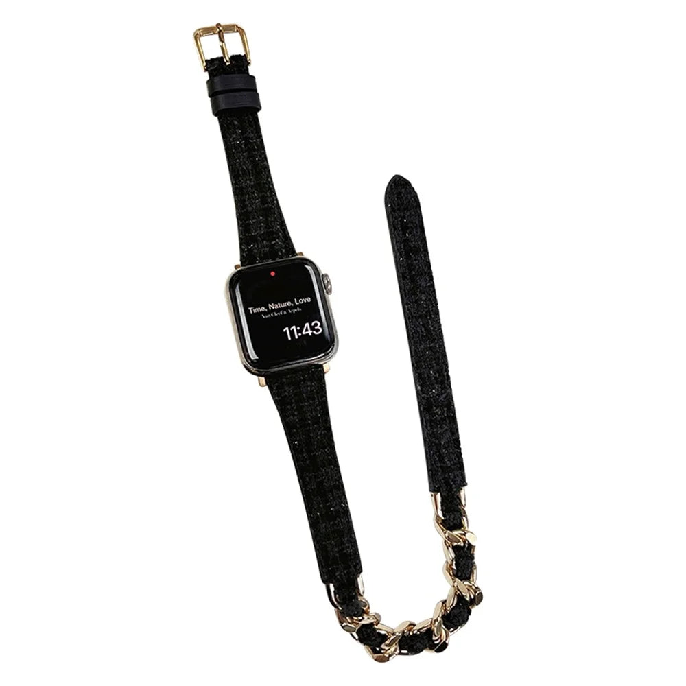Watch Band for Apple Watch Series 11 10 42mm / 9 8 7 41mm / SE3 SE2 SE 6 5 4 40mm / 3 2 1 38mm Smart Watchband Dual Layer Strap - Black+Gold Chain - 1