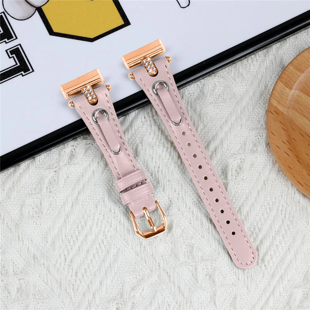 For Fitbit Versa 4 / Sense 2 Watch Wrist Band Genuine Cow Leather Strap (Rose Gold Buckle) - Pink - 5