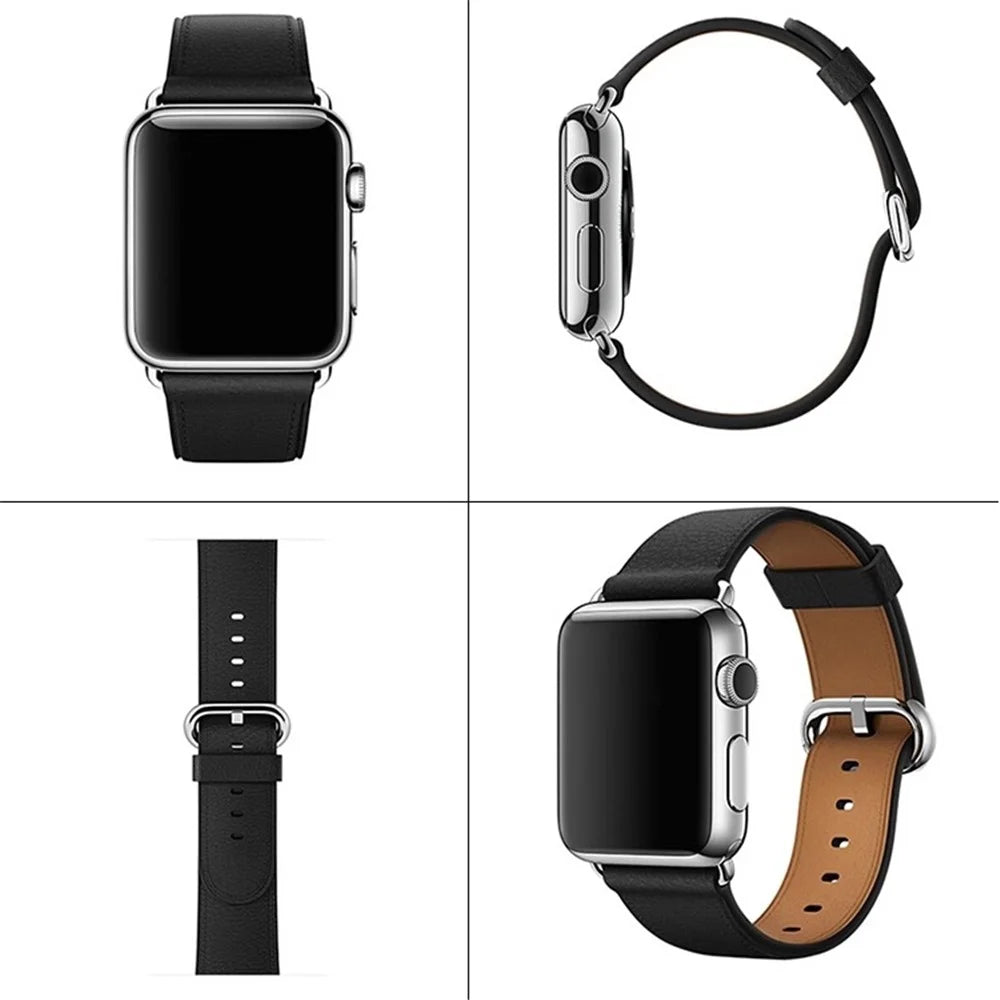 Watch Band for Apple Watch Series 11 10 42mm / 9 8 7 41mm / SE3 SE2 SE 6 5 4 40mm / 3 2 1 38mm Genuine Cow Leather Watch Strap - Black - 3