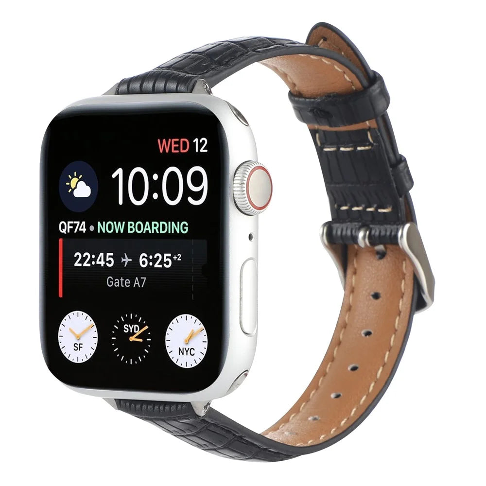 Crocodile Texture Leather Strap Strap for Apple Watch Series 11 10 42mm / 9 8 7 41mm / SE3 SE2 SE 6 5 4 40mm / 3 2 1 38mm Wrist Band - Black - 4