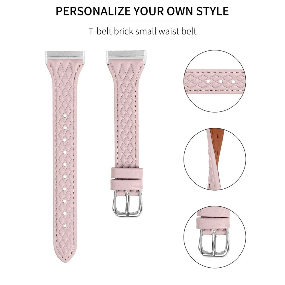 For Fitbit Versa 3 / Sense Top-layer Cow Leather Rhombus Design Watch Strap - Pink - 3