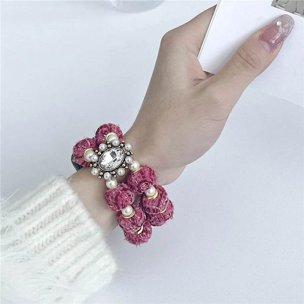 For Apple Watch Series 11 10 42mm / 9 8 7 41mm / SE3 SE2 SE 6 5 4 40mm / 3 2 1 38mm Velvet Cotton Beaded Bracelet - Rose - 3