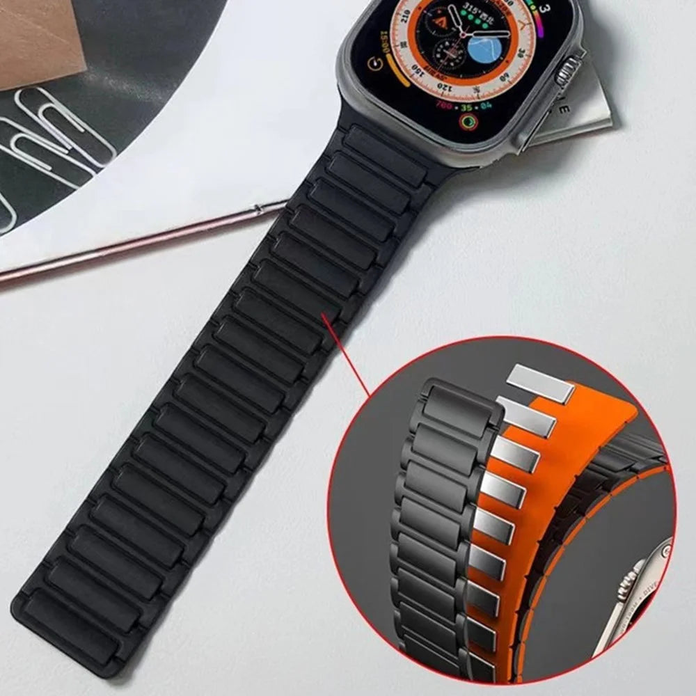 For Apple Watch Ultra 3 2 1 49mm / Series 11 10 46mm / 9 8 7 45mm / SE3 SE2 SE 6 5 4 44mm / 3 2 1 42mm 3 Beads Watch Strap - Black+Orange - 6