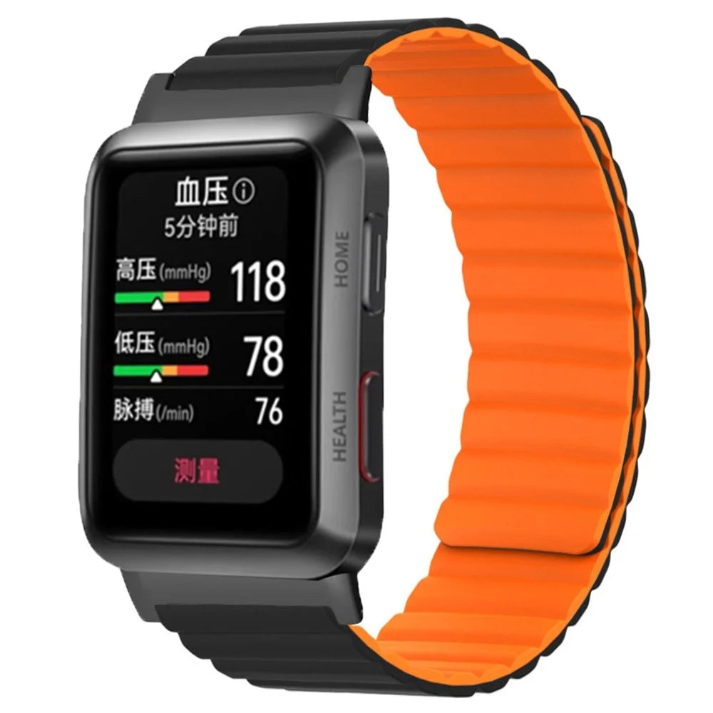 For Huawei Watch D Magnetic Adjustable Silicone+Metal Watch Strap Replacement - Black+Orange - 3
