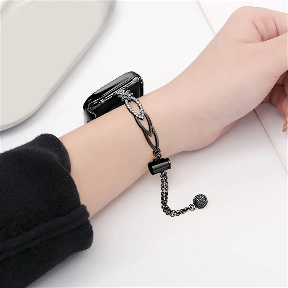 Copper Bracelet for Apple Watch Series 11 10 42mm / 9 8 7 41mm / SE3 SE2 SE 6 5 4 40mm / 3 2 1 38mm Rhinestone Decor Watch Strap - Black - 4