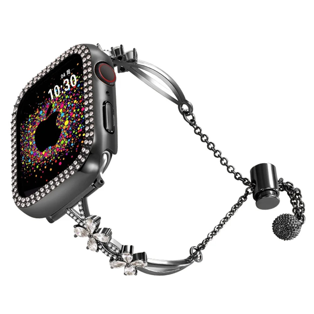Rhinestone Flower Decor Strap for Apple Watch Series 11 10 42mm / 9 8 7 41mm / SE3 SE2 SE 6 5 4 40mm / 3 2 1 38mm Copper Bracelet - Black - 2