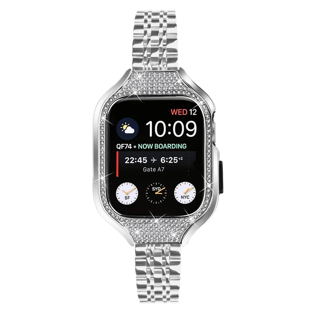 For Apple Watch Series 7 / 8 / 9 41mm 7 Beads Stainless Steel Watchband with Rhinestone Watch Case - Silver - 2