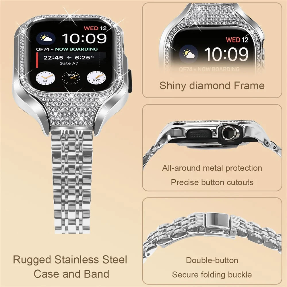 For Apple Watch Series 7 / 8 / 9 41mm 7 Beads Stainless Steel Watchband with Rhinestone Watch Case - Silver - 3