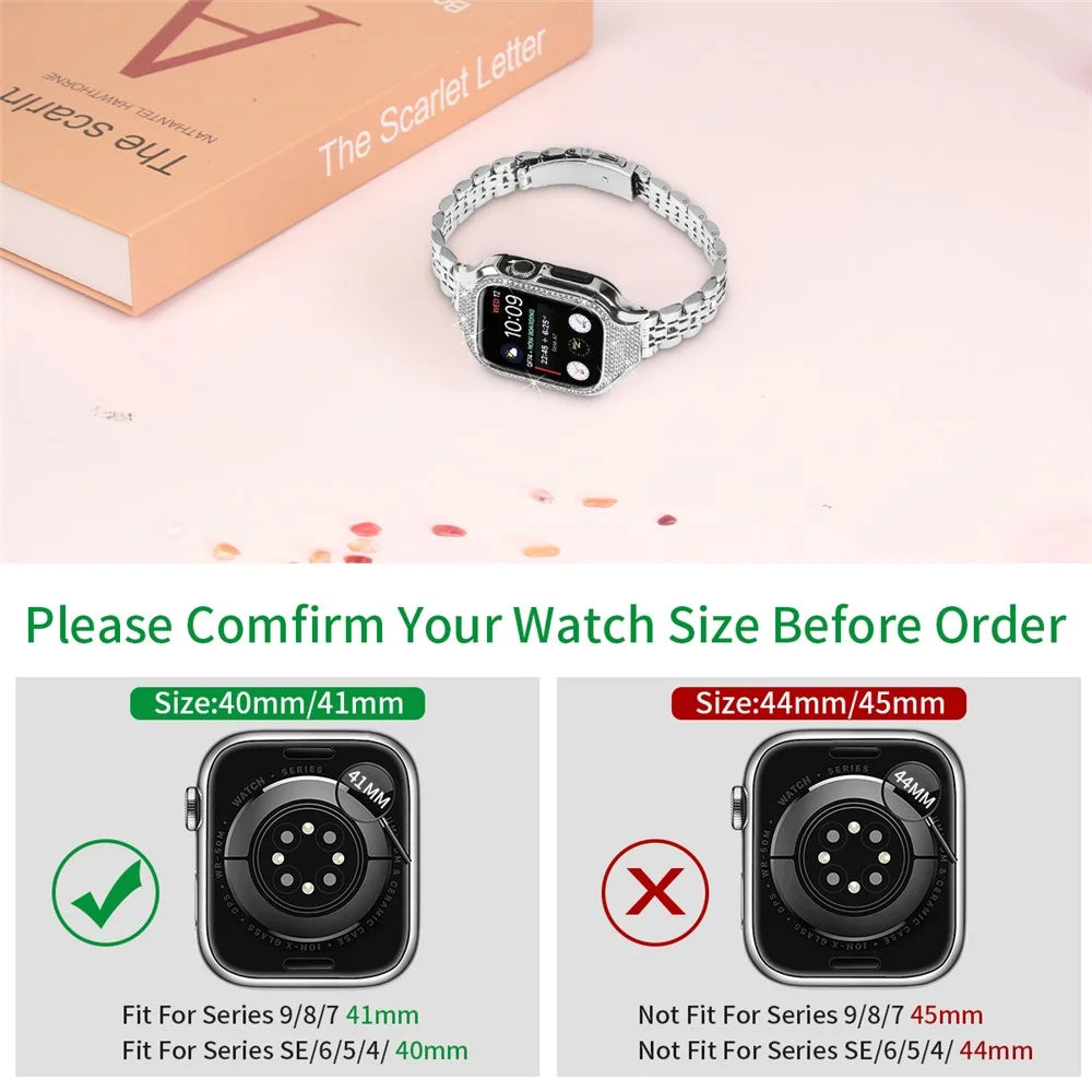 For Apple Watch Series 7 / 8 / 9 41mm 7 Beads Stainless Steel Watchband with Rhinestone Watch Case - Silver - 4