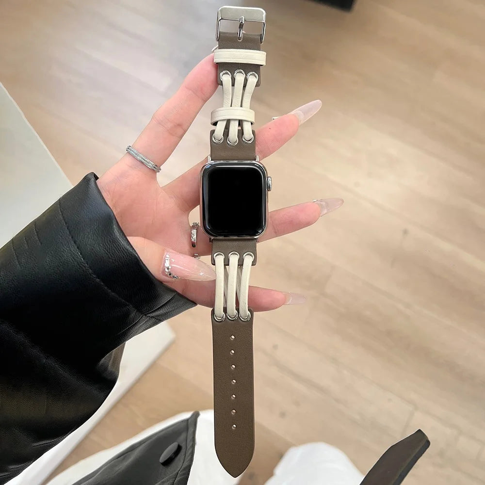 Strap For Apple Watch Series 11 10 42mm / 9 8 7 41mm / SE3 SE2 SE 6 5 4 40mm / 3 2 1 38mm Genuine Cow Leather Watch Band - White / Coffee - 1