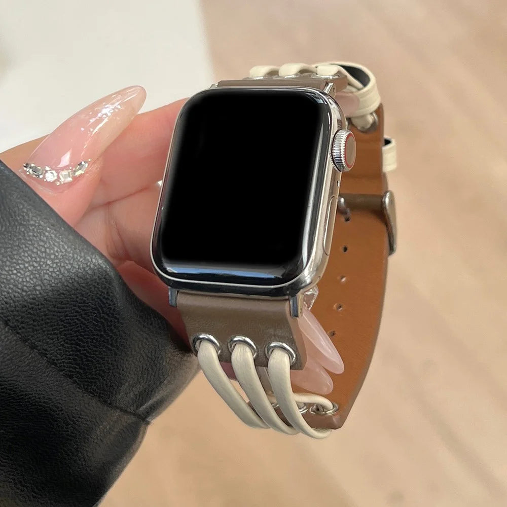 Strap For Apple Watch Series 11 10 42mm / 9 8 7 41mm / SE3 SE2 SE 6 5 4 40mm / 3 2 1 38mm Genuine Cow Leather Watch Band - White / Coffee - 2