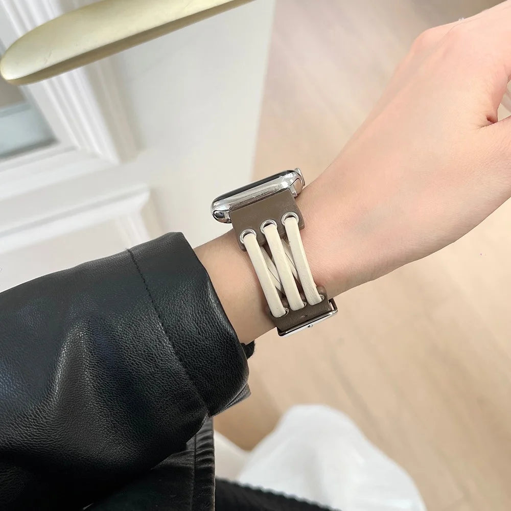 Strap For Apple Watch Series 11 10 42mm / 9 8 7 41mm / SE3 SE2 SE 6 5 4 40mm / 3 2 1 38mm Genuine Cow Leather Watch Band - White / Coffee - 3
