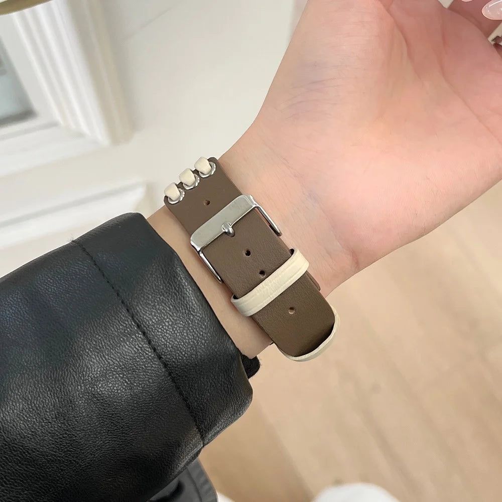 Strap For Apple Watch Series 11 10 42mm / 9 8 7 41mm / SE3 SE2 SE 6 5 4 40mm / 3 2 1 38mm Genuine Cow Leather Watch Band - White / Coffee - 4
