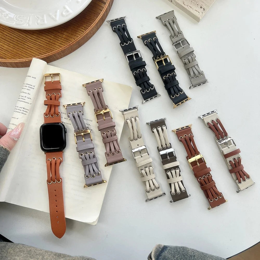 Strap For Apple Watch Series 11 10 42mm / 9 8 7 41mm / SE3 SE2 SE 6 5 4 40mm / 3 2 1 38mm Genuine Cow Leather Watch Band - White / Coffee - 5