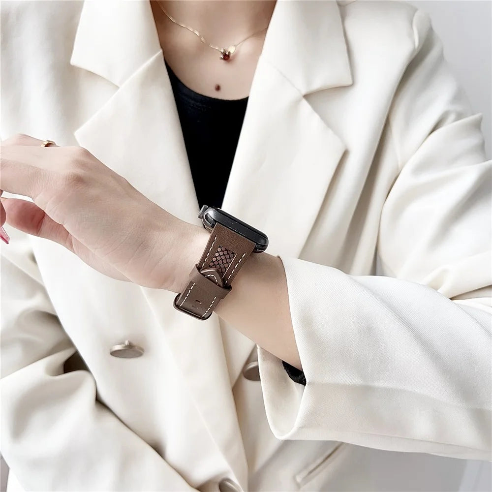 For Apple Watch Ultra 3 2 1 49mm / Series 11 10 46mm / 9 8 7 45mm / SE3 SE2 SE 6 5 4 44mm / 3 2 1 42mm PU Leather Mesh Watch Straps - Coffee - 2