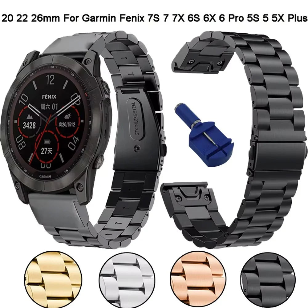 For Garmin Fenix 7X / 7X Pro 51mm / 6X Quickfit 26mm Stainless Steel Strap 3 Beads Watch Band - Silver - 3