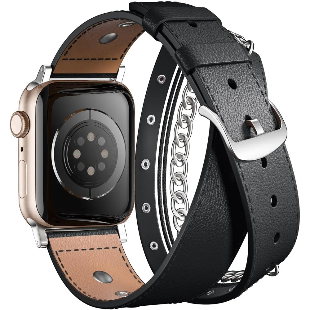 S / M Size Double Circle Punk Watch Strap for Apple Watch Series 11 10 42mm / 9 8 7 41mm / SE3 SE2 SE 6 5 4 40mm / 3 2 1 38mm Cowhide Leather Band - Black - 1
